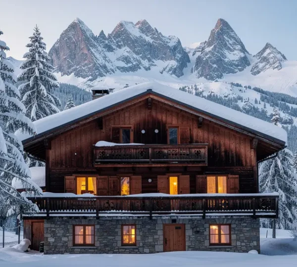 Traditional Alpine chalet with warm interior light glowing through windows at dusk in Courchevel ski resort