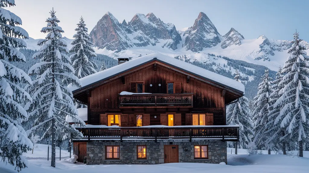 Traditional Alpine chalet with warm interior light glowing through windows at dusk in Courchevel ski resort