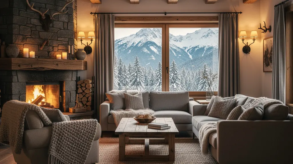 Interior of Alpine rental apartment with lit fireplace and large window showing snow-covered mountain view