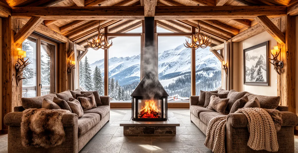 Luxury ski chalet living room with fireplace and panoramic mountain views through large windows