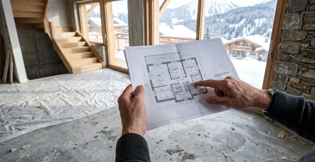 A buyer holds a printed floor plan while inspecting an unfurnished alpine apartment with raw concrete floors.