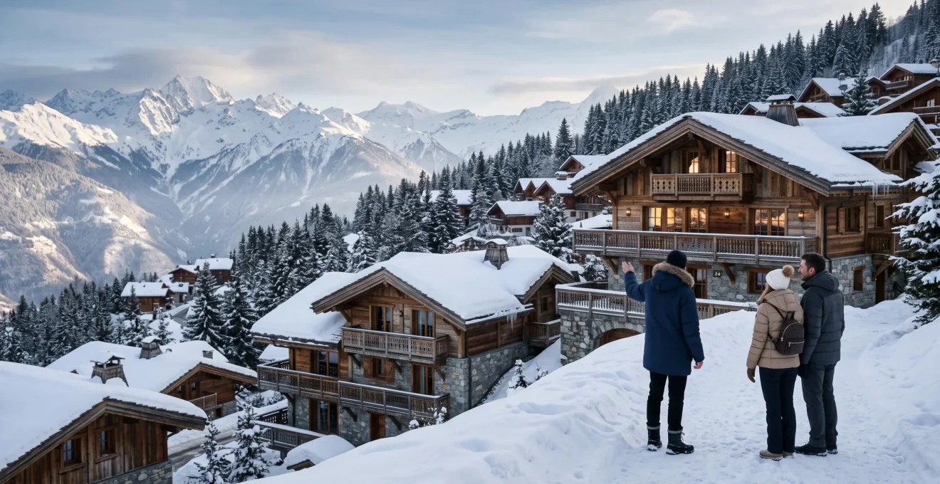 An estate agent shows a couple a luxury chalet in a snowy Courchevel mountainside resort.