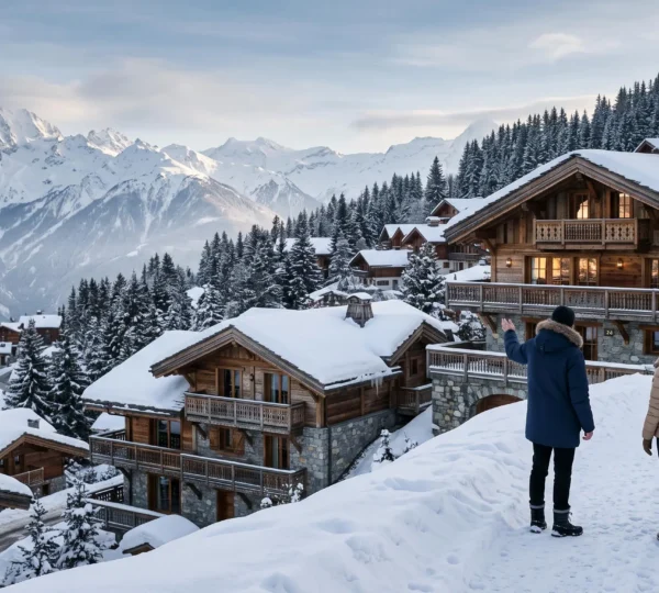 An estate agent shows a couple a luxury chalet in a snowy Courchevel mountainside resort.