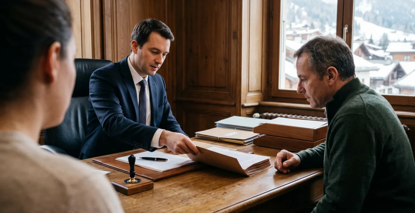 A notary hands property completion documents to a buyer across a wooden desk in an alpine office.